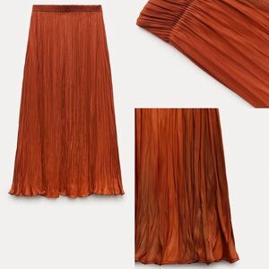 Zara ZW Collection Satin Effect Pleated Midi Skirt